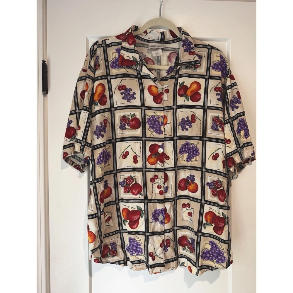 Vintage 90s Fruit Print Button Up Women's 14 XL Pear Grape Cherry Italian Market